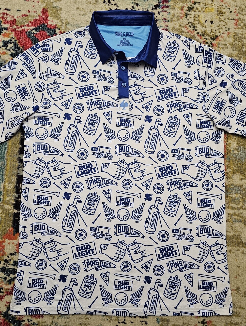 Pins & Aces Bud Light Crispy Boys Golf Polo Mens Large White Blue All Over Print